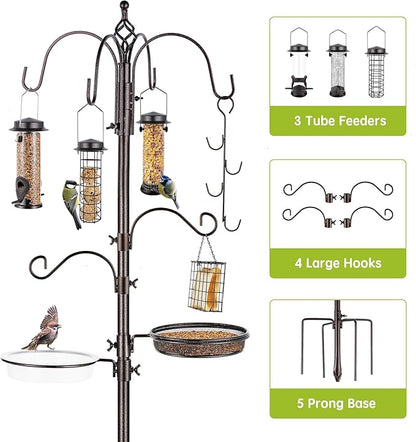 Bird Feeder Station with Suet Cage & Water Bowl Fruit Hook- Adjustable Pole, 6 Hanging Hooks for Wild Birds, Outdoor Garden Bird Feeding Kit