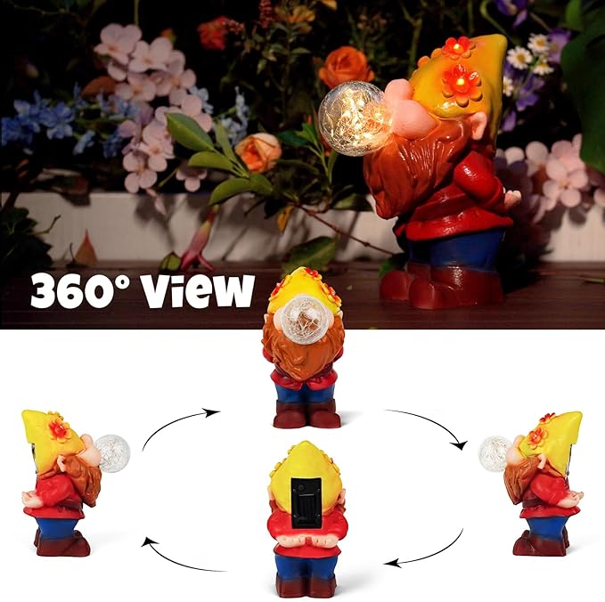 Solar Garden Statues Lights, 8.5" Christmas Outdoor Gnome Figurine with Auto On/Off for Yard Patio Decor, Gifts for Women, Grandma, Mom, Housewarming (Bubble Bliss Gnome)