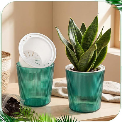6 Pack Self Watering Pots for Indoor Plants Plastic Vertical Ribbed Semi Transparent Planters, Dual Layer Reservoir for Indoor Succulents Herbs Pothos(Green, White,4 x 4.3 Inch)
