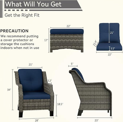 4 Piece Patio Furniture Set, 2 Chairs and 2 Ottomans PE Wicker Footstool, Outdoors Rattan Conversation Set with Deep Seating and Olefin Cushions, for Backyard, Garden, Navy