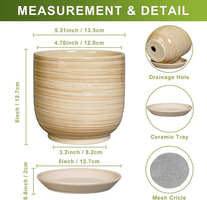 Ceramic Plant Pot 5 Inch - Modern Round Succulent Planter for Indoor Plants with Drainage Hole and Saucer, Office Home Room House Decor, Yellow