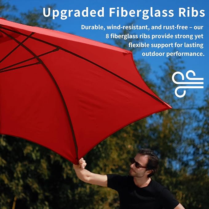 10FT Patio Umbrella Outdoor Market Umbrella with Crank and Tilt, 8 Flexible Fiberglass Ribs, UV-Resistant Waterproof Canopy for Patio, Deck, Garden, Backyard, Red