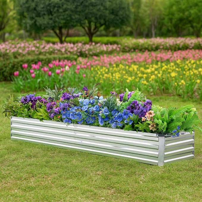Meberam 2 Pack 8x2x1FT Galvanized Raised Garden Beds Kit Outdoor Metal Gardening Planter Box for Vegetable Elevated Flower Herbs,Silver