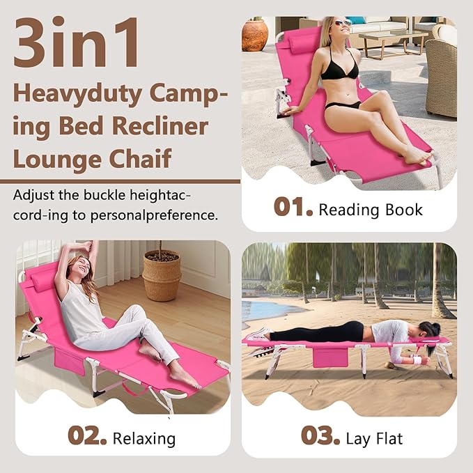 3-in-1 Heavy Duty Tanning Chair with Face Hole Adjustable 5-Position Folding Chaise Lounge Chairs Portable Lay Flat Beach Lounge Chair for Outdoor Sunbathing Patio Pool Lawn Camping Deck (Pink)