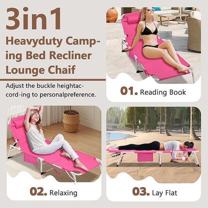 3-in-1 Heavy Duty Tanning Chair with Face Hole Adjustable 5-Position Folding Chaise Lounge Chairs Portable Lay Flat Beach Lounge Chair for Outdoor Sunbathing Patio Pool Lawn Camping Deck (Pink)