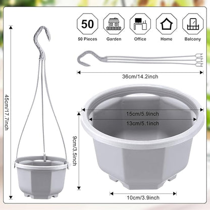 Roshtia 50 Pcs 5.9 inch Plastic Hanging Plant Pots with Hooks Flower Pots Baskets Outdoor Hanging Nursery Planter Holder for Home Garden Balcony Porch(Gray White, 5.9 inch)