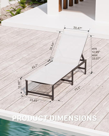 Patio Lounge Chair, Aluminum, 5 Adjustable Backrest, 2 Piece,White | Lightweight rustproof aluminum.5 adjustable backrest positions.Breathable quick-dry fabric.For poolside,beach,lawn,backyard.