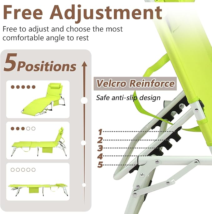 3-in-1 Heavy Duty Tanning Chair with Face Hole Adjustable 5-Position Folding Chaise Lounge Chairs Portable Lay Flat Beach Lounge Chair for Outdoor Sunbathing Patio Pool Lawn Camping Deck (Green)