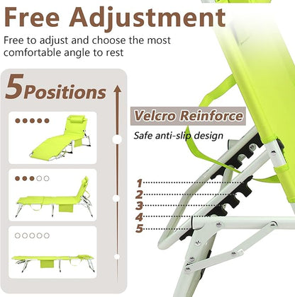 3-in-1 Heavy Duty Tanning Chair with Face Hole Adjustable 5-Position Folding Chaise Lounge Chairs Portable Lay Flat Beach Lounge Chair for Outdoor Sunbathing Patio Pool Lawn Camping Deck (Green)