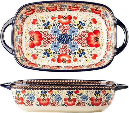 Vintage Flowers Style Ceramic Bakeware Casserole Dish Baking Pan Lasagna Pans Baking Dish with Handles for Oven/Cooking/Kitchen-1 PCS-Red Flowers-60 OZ