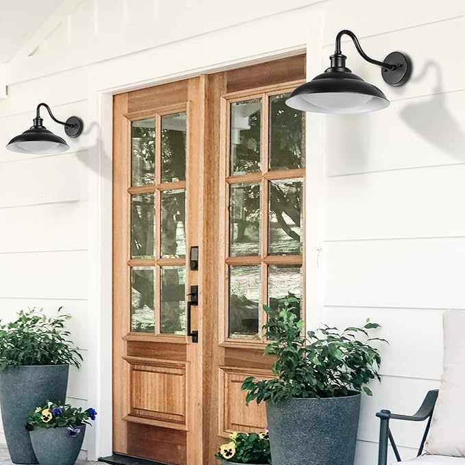 LED Outdoor Barn Lights, 12 Inch Farmhouse Exterior Wall Light Fixtures with Adjustable Color Temperature, Black Porch Lights Outside for House, Outdoor & Indoor, White Interior, 1 Pack