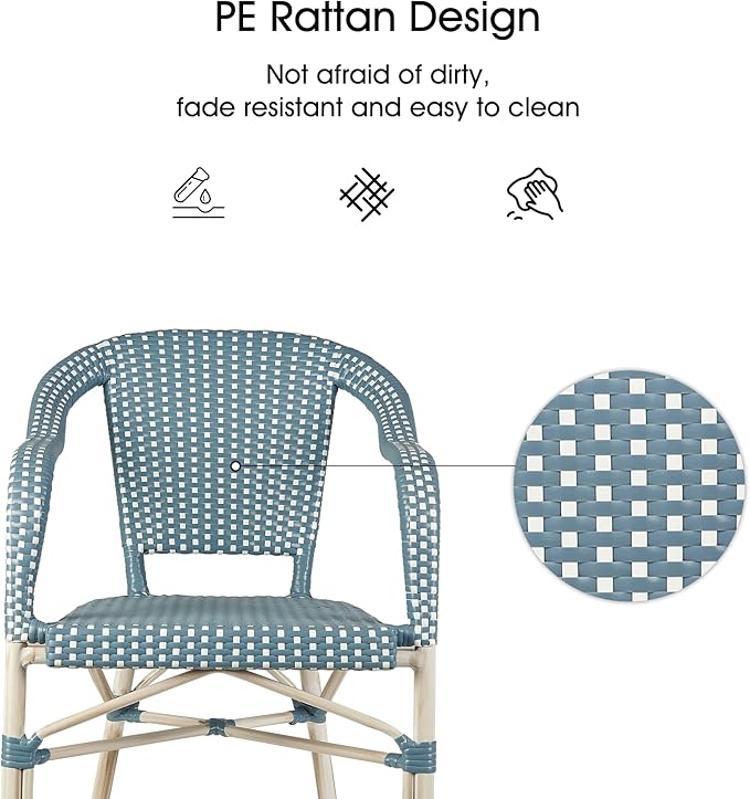 PURPLE LEAF Dining Chair Set of 2 Outdoor French Bistro Chairs Hand-Woven Aluminum Wicker Rattan Armchair for Garden Kitchen Backyard Porch White Print Finish Patio Chairs Light Blue