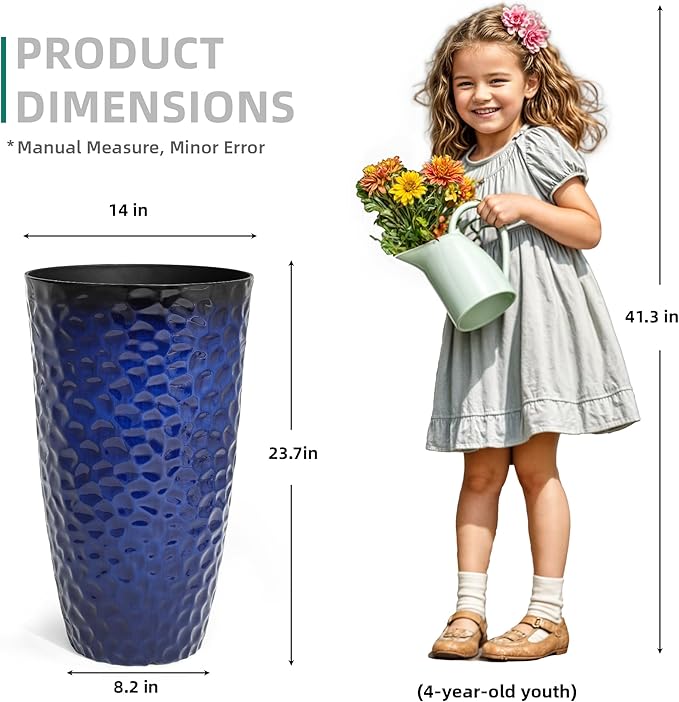 23.75" H Large Tall Outdoor Planters, Set of 2 Plastic Large Flower Pots for Outdoor Plants, Gradient Cobalt Blue Honeycomb Textured, Weather-Resistant for Porch, Garden, Patio or Indoor Use
