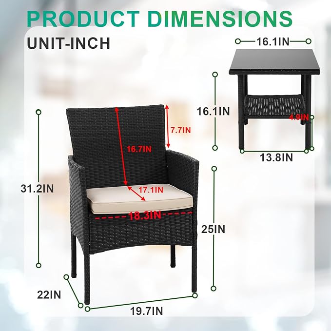 FDW 3 Pieces Patio Furniture Set Outdoor Wicker Bistro Sets Modern Rattan Chair Conversation Sets with Coffee Table for Yard Backyard Lawn Porch Poolside Balcony,Khaki Cushion
