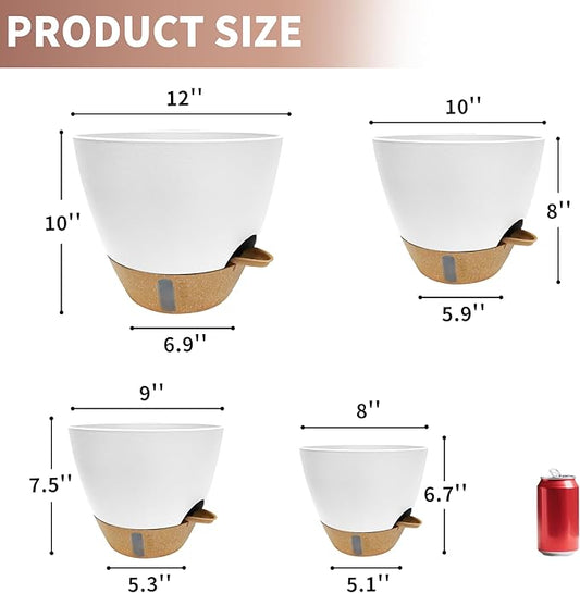 4-Pack Large Self Watering Pots for Indoor Plants, 12/10/9/8 Inch Planters with Visible Water Level Window, Automatic Watering System for Monstera, Fiddle Leaf, Herbs, Succulents, White