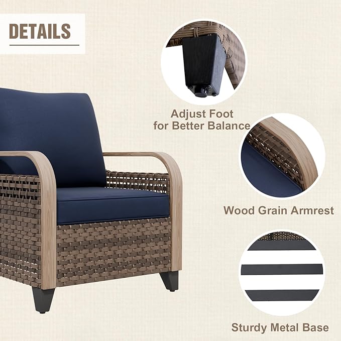 Modern Wicker Bistro Table and Chairs Set, Rattan Outdoor Bistro Set for Patio, Wicker Patio Chairs & Table, 3 Pieces, Brown/Blue