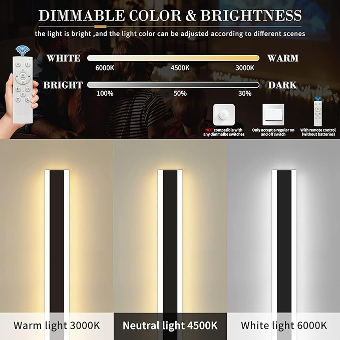 Mikeru Modern Long LED Wall Light, 3000k-6000k Dimmable Outdoor Wall Sconce 78.8inch Black Outdoor Exterior Lights with Remote Control Ip65 Waterproof Anti-Rust Linear Long Porch Lights