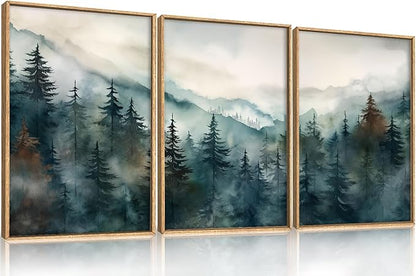 KAIRNE Watercolor Misty Forest Framed Canvas Wall Art Set, Nature Landscape Wall Decor, Foggy Mountain Pine Trees Wall Painting, Jungle Scenery Artwork for Living Room, Bedroom, Office-24 x36 x3