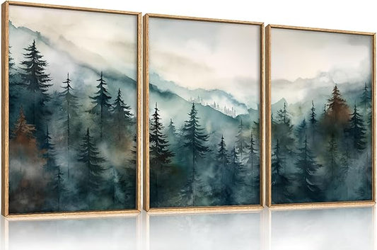 KAIRNE Watercolor Misty Forest Framed Canvas Wall Art Set, Nature Landscape Wall Decor, Foggy Mountain Pine Trees Wall Painting, Jungle Scenery Artwork for Living Room, Bedroom, Office-24 x36 x3