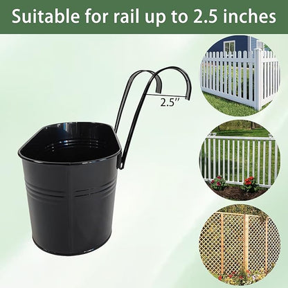 12" Balcony Railing Planters, Outdoor Hanging Planter for Fence, Stylish Metal Porch Deck Flower Pot for Herbs & Succulents (Black, Pack of 8)