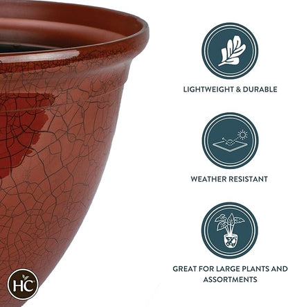 The HC Companies 20 Inch Tucson Round Planter Pots with Ceramic Look, Lightweight UV-Resistant Resin Indoor & Outdoor Planters, 1-Pack Flower Pots for Garden & Home Decor, Chili Red Crackle