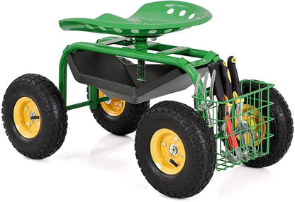 Goplus Garden Seat with Wheels, Rolling Garden Cart with Adjustable 360° Swivel Seat, Tool Tray, Basket for Lawn, Yard, Patio, Heavy Duty Gardening Stool, Outdoor Wagon Scooter for Seniors