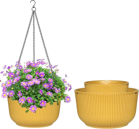 Hanging Planters 9/10/11 Inch for Indoor Plants, 3 Pack Plant Hanger Outdoor with Drainage Holes, Self Watering Hanging Basket Flower Pot for Garden Home Decor, Yellow