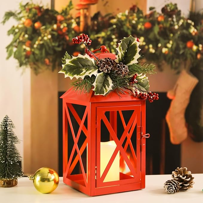 Taman Christmas Lantern,2 Pack Hanging Flickering Candle Lanterns Decorative Metal Vintage Light Battery Operated Umbrella Lights for Christmas Patio Garden, Table,Party Decor