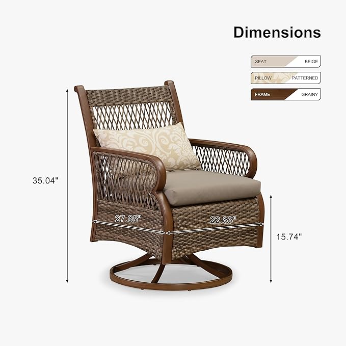 PURPLE LEAF Patio Swivel Dining Chairs Set of 4 Modern Wicker Outdoor Dining Chairs with Thick Cushions and Soft Pillows All Weather Aluminum Patio Chairs for Garden Porch Lawn