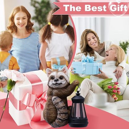 Raccoon Tree Hungger with Solar Lantern - 7.4 Inch Raccoon Outdoor Statue for Garden Yard Decor Outside,Best Garden Gifts for Mom,Women