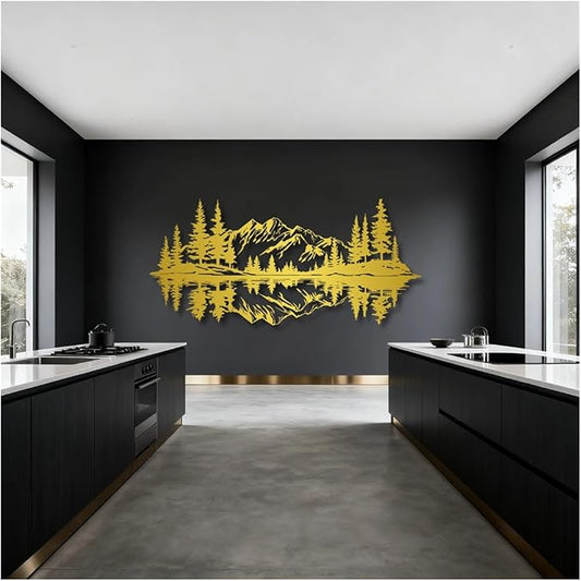 Mountain View Metal Wall Art,Nature Landscape Home Decor with Reflection,Black Iron Sculpture for Bedroom Garden Living Room Outdoor Office(Gold,19 x9 in/47x22 cm)