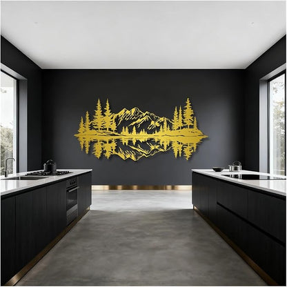 Mountain View Metal Wall Art,Nature Landscape Home Decor with Reflection,Black Iron Sculpture for Bedroom Garden Living Room Outdoor Office(White,48 x22 in/121x56 cm)