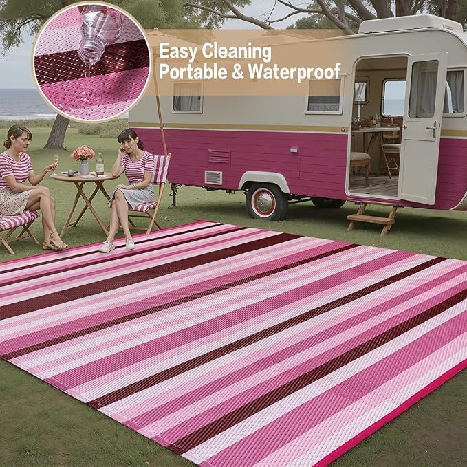 HUGEAR Outdoor Waterproof Rug 8'x10' Plastic Straw Rugs Washable Reversible Floor Mat Pink Stripe Carpet for Camping RV Deck Entryance Porch Picnic Balcony Beach Backyard