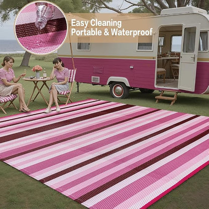 HUGEAR Outdoor Waterproof Rug 8'x10' Plastic Straw Rugs Washable Reversible Floor Mat Pink Stripe Carpet for Camping RV Deck Entryance Porch Picnic Balcony Beach Backyard