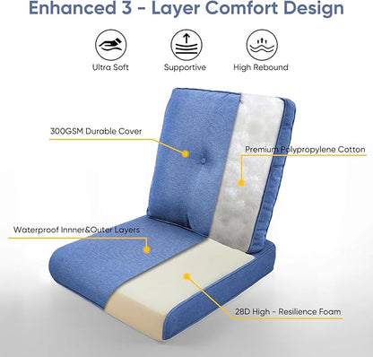 Outdoor Wicker Chair Cushions 2 Packs - Outside High Back Thick Water-Resistant Cushion 22x24 with Zipper Cover for Patio Glider Rocking Chairs Loveseat Couch – Blue/Buckle