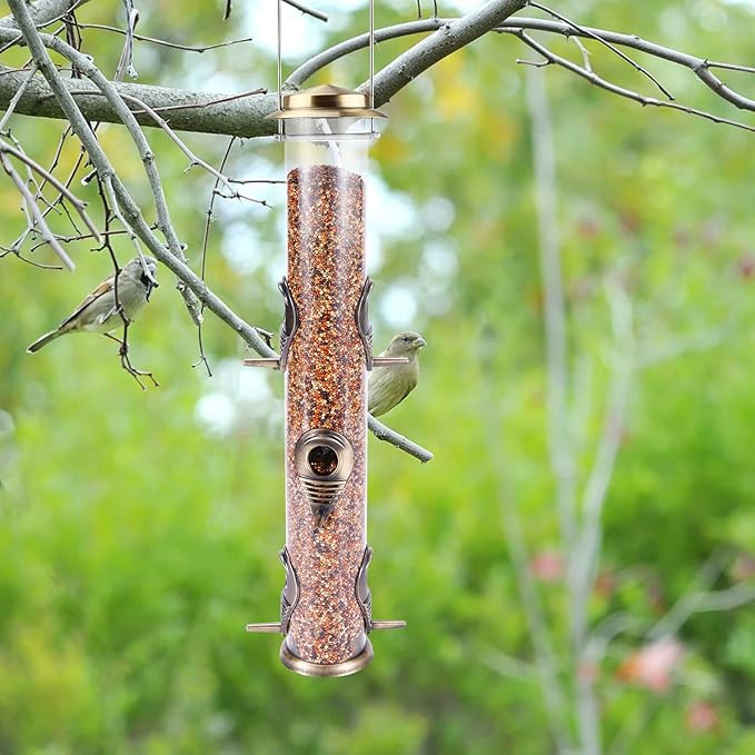 Metal Bird Feeder Tube Hanging Wild Bird Seed Feeder Aluminum Six Port Bird Feeders,1.4 mm Extra Thick Solid Tube Transparent with Steel Hanger Great for Attracting Birds (Bronze 2PK)