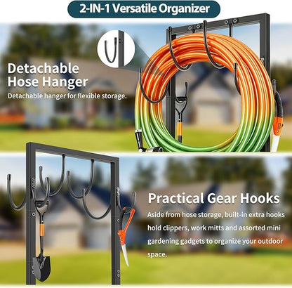 Garden Hose Holder Stand, BOLITE Heavy Duty Metal Hose Hanger, Holds 150ft | Freestanding & Detachable Water Hose Holder for Outside, 4 Spikes & 2 Tool Hooks, Storage Rack for Outside Yard Lawn Farm