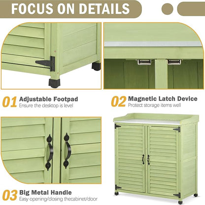 Outdoor Potting Bench with Metal Work Top,Waterproof Garden Storage Cabinet,Wooden Tool Station Shed for Backyard,Patio,Lawn Gardening