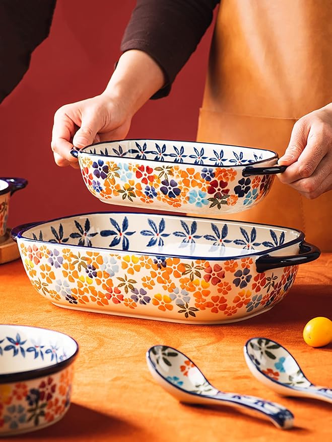 Colorful Cherry Blossom Flowers Vintage Style Ceramic Bakeware Dish Casserole Dish Baking Pan Lasagna Pans with Handles for Oven/Cooking/Kitchen, 1 PCS, 22 oz