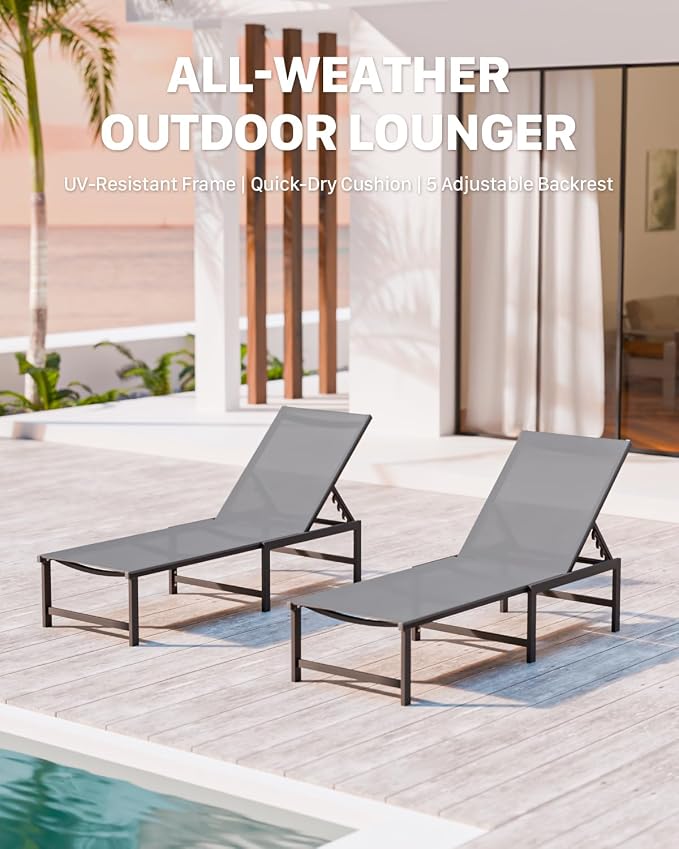 Patio Lounge Chair, Aluminum, 5 Adjustable Backrest, 2 Piece,Gray | Lightweight rustproof aluminum.5 adjustable backrest positions.Breathable quick-dry fabric.For poolside,beach,lawn,backyard.