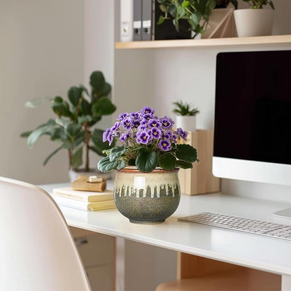 Ceramic Self Watering Pots, 6 Inch African Violet Pots with Absorbent Inner Pot, Round Self Watering Planter, Planters for Indoor Plants, House Decor, Plant Lover Gifts, Yellowish Brown-Beige