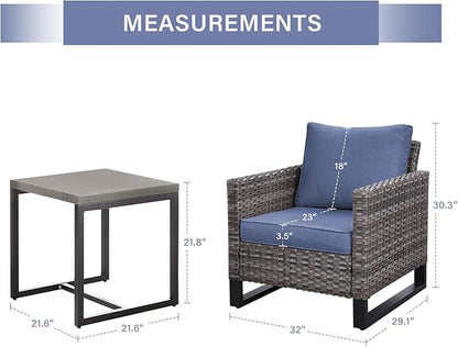 Rilyson Wicker Outdoor Patio Chairs Set - 3 Piece Rattan Patio Furniture Bistro Chairs Set with Waterproof Wicker,Comfortable Cushions and Sturdy Metal Frame for Porch Deck Backyard(Mixed Grey/Blue)
