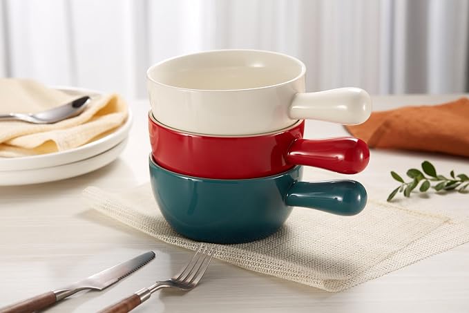 Kook French Onion Soup Crocks, Stackable Ceramic Bowls with Handles, Broil, Oven, Microwave and Dishwasher Safe, for Cereal, Soups, Casseroles, with Handle, 24 Oz, Set of 4, Teal Ombre