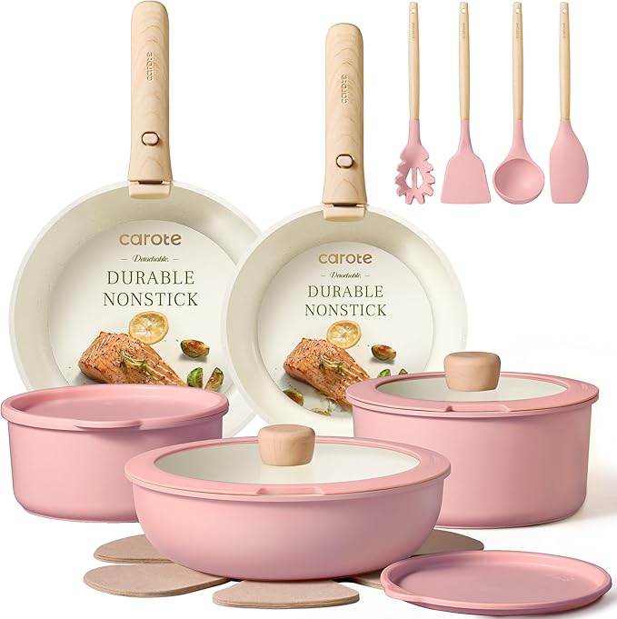 CAROTE 19pcs Pots and Pans Set Non Stick, Cookware Set Detachable Handle | Induction Compatible, Dishwasher & Oven Safe, Space Saving, Camping Cooking Set, Kitchen Set, Pink