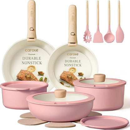 CAROTE 19pcs Pots and Pans Set Non Stick, Cookware Set Detachable Handle | Induction Compatible, Dishwasher & Oven Safe, Space Saving, Camping Cooking Set, Kitchen Set, Pink