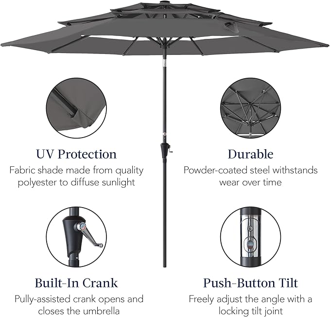 Best Choice Products 10ft 3-Tier Market Patio Umbrella, Outdoor Sun Shade with Tilt, Crank Lift, 8 Ribs for Backyard, Deck, Poolside – Gray
