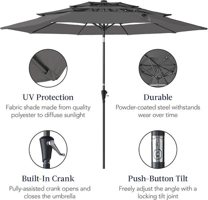 Best Choice Products 10ft 3-Tier Market Patio Umbrella, Outdoor Sun Shade with Tilt, Crank Lift, 8 Ribs for Backyard, Deck, Poolside – Gray