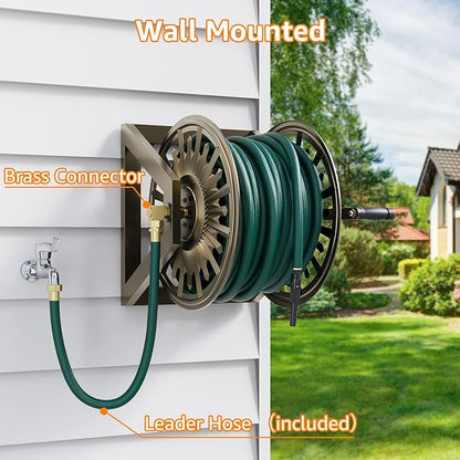 GOFORWILD Heavy-Duty Decorative Garden Hose Reel - Wall/Floor Mount with 200-Ft Capacity for 5/8 Hose Outdoor Hose Holder Winder for Lawn, Yard & Garden Storage