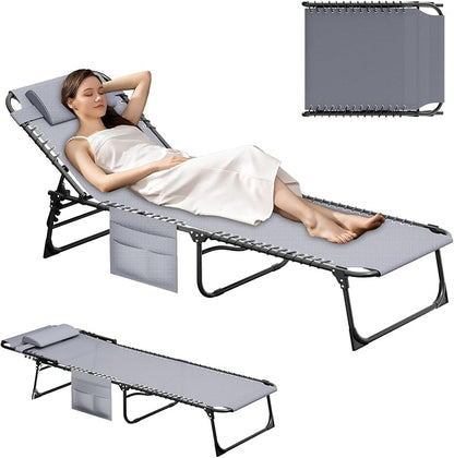 EBE Outdoor Lounge Chair, Portable Chaise Lounge Chair, Folding Sun Tanning Chairs with Detachable Pillow and Side Pocket, Reclining Chairs for Pool Beach Sunbathing, Grey