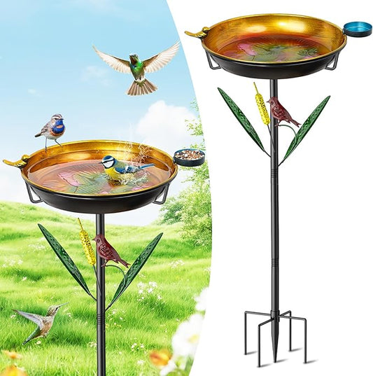 2-in-1 Bird Baths for Outside, 11.8” Diameter x 2” Deep Metal Removable Bird Feeder Water Bowl with Upgraded 5 Prongs Base, 33.5" Freestanding Garden Birdbaths for Outdoors Patio Yard Lawn Art Decor